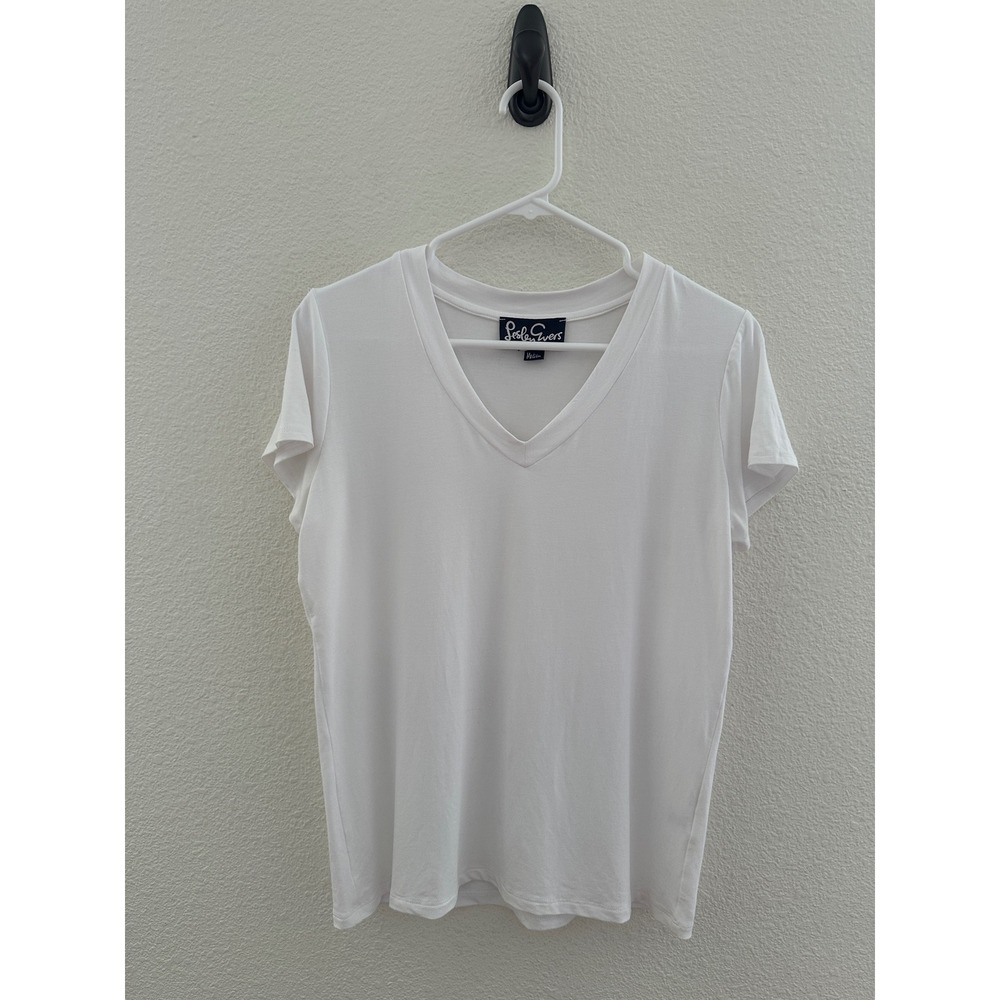 Lesley Evers White V-Neck Modal T-Shirt Minimalist Stretchy Classic Medium